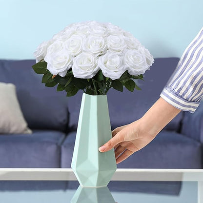 Artificial Rose Flower White Flowers White Roses Silk Flowers 50 pcs with Long Stem Silk Roses Bouquet for Wedding Bridal Shower Party Home Decoration