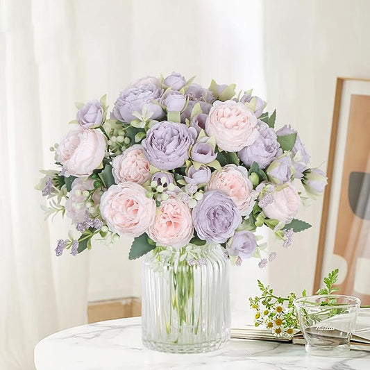 SOMYTING Peonies Artificial Flowers, Fake Flowers Purple Peonies Faux Flowers Vintage Artificial Silk Flower Peonies Bouquets Floral Arrangements Home Wedding Party Table Decor (Pink Purple, 4PCS)