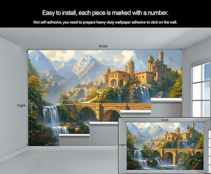 Fantasy Castle Wall Mural, Magical Waterfall Landscape 3D Wall Murals, Royal Palace Wallpaper Mural, for Living Room Bedroom Large Wallpaper Indoor Decor 98.4" W x68.9 H