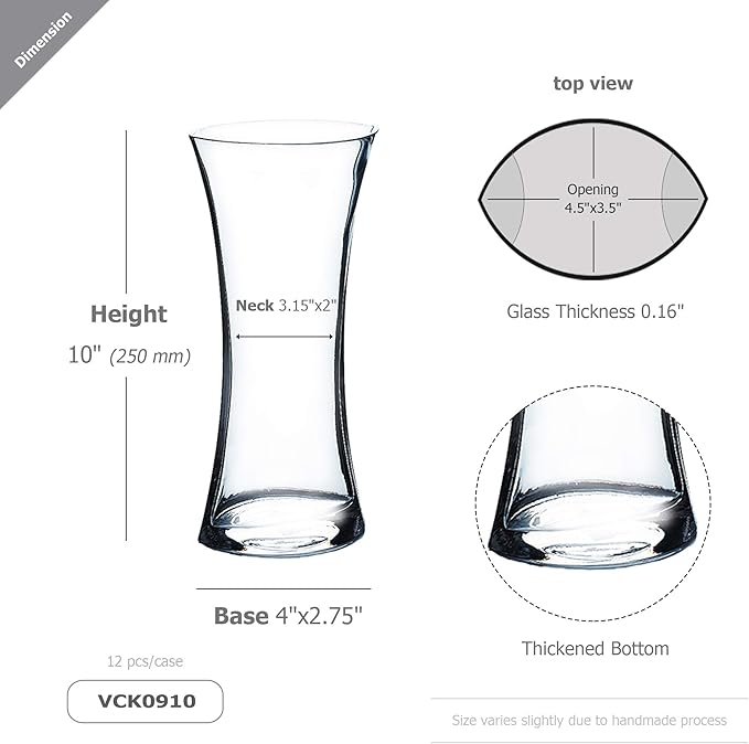 WGV Gathering Bouquet Vase, 4.5" W, 10" H, Clear Glass Floral with Flared Oval Opening, Centerpiece, Home Wedding Event Decor, 1 Piece (VCK0910)