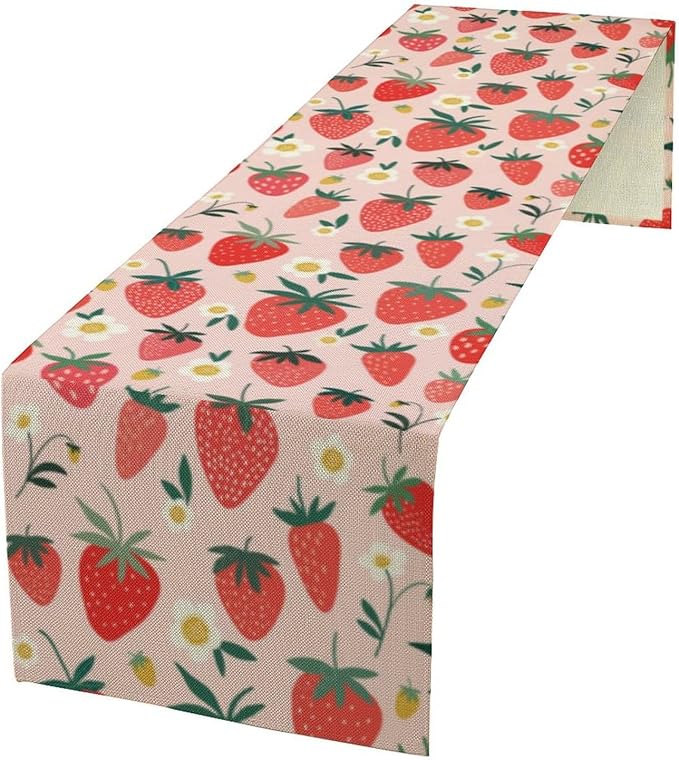 Strawberry Table Runner, Spring Summer Fruit Birthday Party Decoration Dining Room Home Kitchen Table Decor 13 x 60Inch