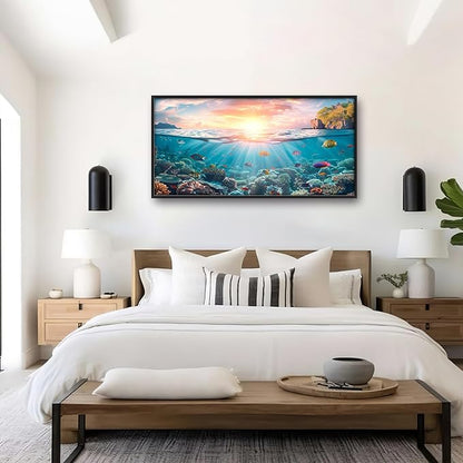 Ocean Fish Large Wall Art Framed Wall Decor for Living Room, Ocean Sunset Pictures Oversized Canvas Print Painting Modern Extra Large Framed Artwork for Bedroom Office Home Decor 60"x30"