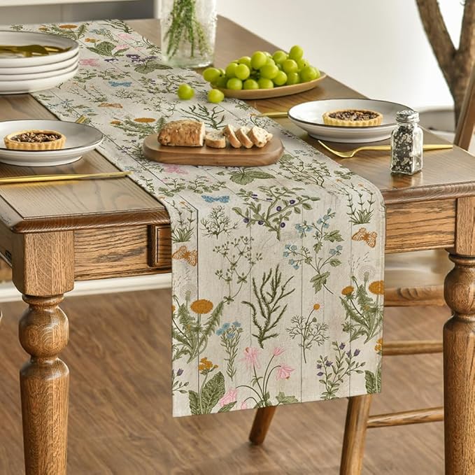 Artoid Mode Wood Wild Flowers Floral Spring Table Runner, Seasonal Summer Kitchen Dining Table Decoration for Home Party Decor 13x108 Inch