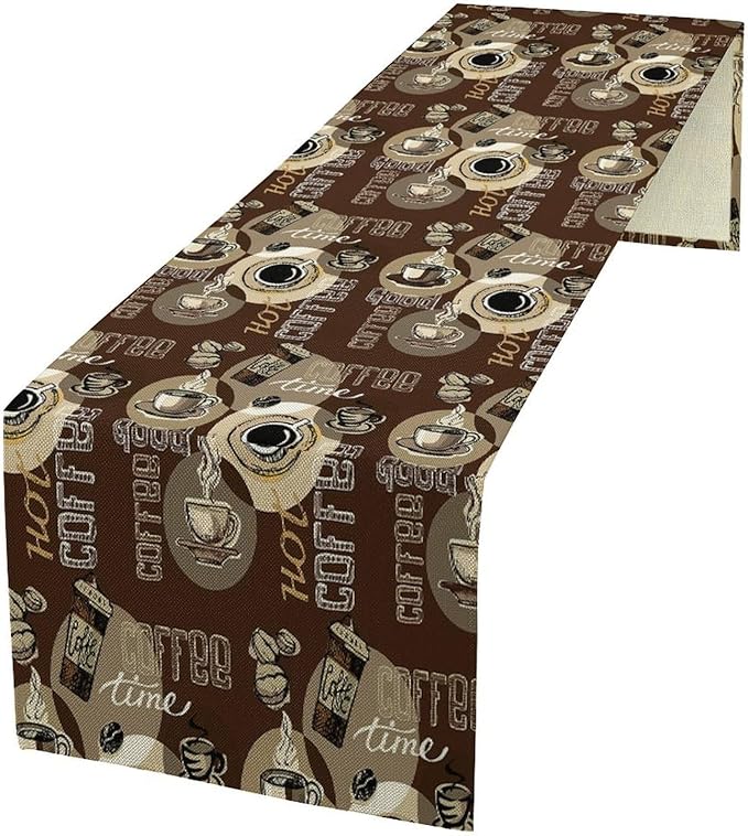 Coffee Theme Table Runner Vintage Coffee Beans Mug Cup Dinner Runner Table Decoration for Farmhouse Cabin Home Kitchen Dining Holiday Party 13x36in