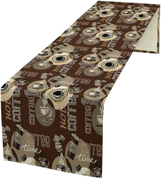 Coffee Theme Table Runner Vintage Coffee Beans Mug Cup Dinner Runner Table Decoration for Farmhouse Cabin Home Kitchen Dining Holiday Party 13x36in
