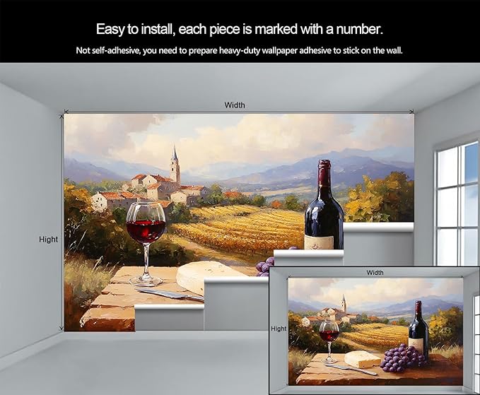 KIREUPA Tuscany Vineyard Wall Mural, Countryside Winery Scene 3d Wall Murals, Italian Rural Landscape Wallpaper Mural, for Living Room Bedroom Large Wallpaper Indoor Decor 78.7" W x55.1 H