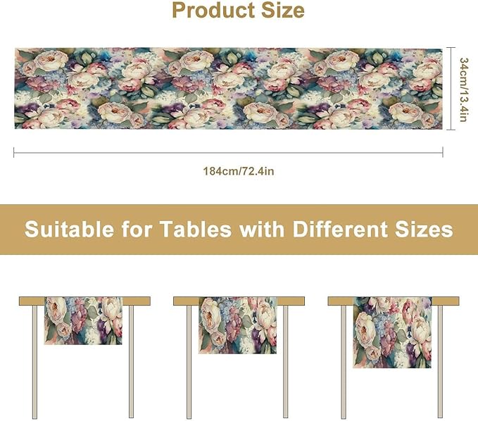 Vintage Floral Table Runner,Girls Women Rose Romantic Leaf Botanical Watercolor Pattern Print Burlap for Hotel Indoors Outdoor Dining Room Kitchen Holiday Party, 13x108in