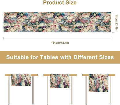 Vintage Floral Table Runner,Girls Women Rose Romantic Leaf Botanical Watercolor Pattern Print Burlap for Hotel Indoors Outdoor Dining Room Kitchen Holiday Party, 13x90in