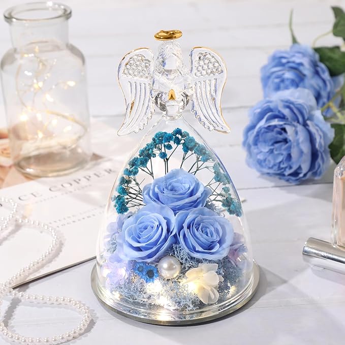 Christmas Preserved Angel Gifts for Women Birthday Preserved Rose Forever Flower in Glass Angel Figurines Fresh Flowers for Delivery Prime for Mom Real Roses for Grandma Sister Wife Her from Daughter