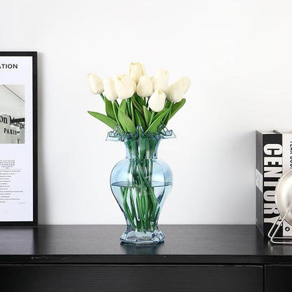 Large Glass Vase, Blue Vase for Flowers, Flower Vases for Bouquet, Glass Flower Vases for Living Room, Dining Table, Shelf, Wedding, Office, Coffee Table, 9.5 Inches