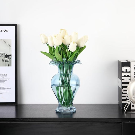 Large Glass Vase, Blue Vase for Flowers, Flower Vases for Bouquet, Glass Flower Vases for Living Room, Dining Table, Shelf, Wedding, Office, Coffee Table, 9.5 Inches