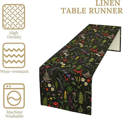 Rustic Field Table Runner, Vintage Farmhouse Natural Forest Wildflowers Plants Herb Print Kitchen Dining Table Decor Seasonal Home Decoration Indoor Outdoor Party, 13x36inch