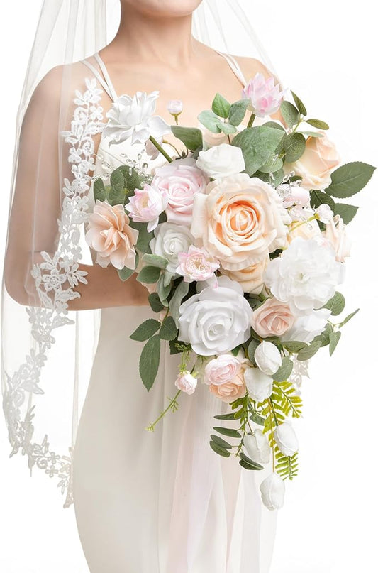 Ling's moment Blush Pink Bridal Bouquet Cascading, Coral Wedding Bouquets for Bride, 13 Inch Bride Bouquets for Wedding Artificial Flowers Bouquets