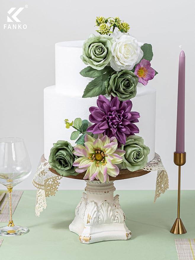 FANKO Artificial Flowers Green Rose, Mixed Combo Fake Silk Flowers White Rose Purple Dahlia Gradient Vintage Assorted Blooms for DIY Wedding Bridal Bouquets/Centerpieces/Home Decor
