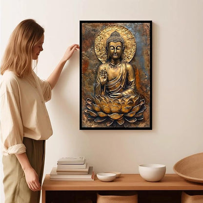 Buddha Wall Art Golden Buddha in Lotus Seat Serene spiritual statue radiant aura Meditation and mindfulness wall art suitable for sacred spaces 12x18in Metal blackFramed