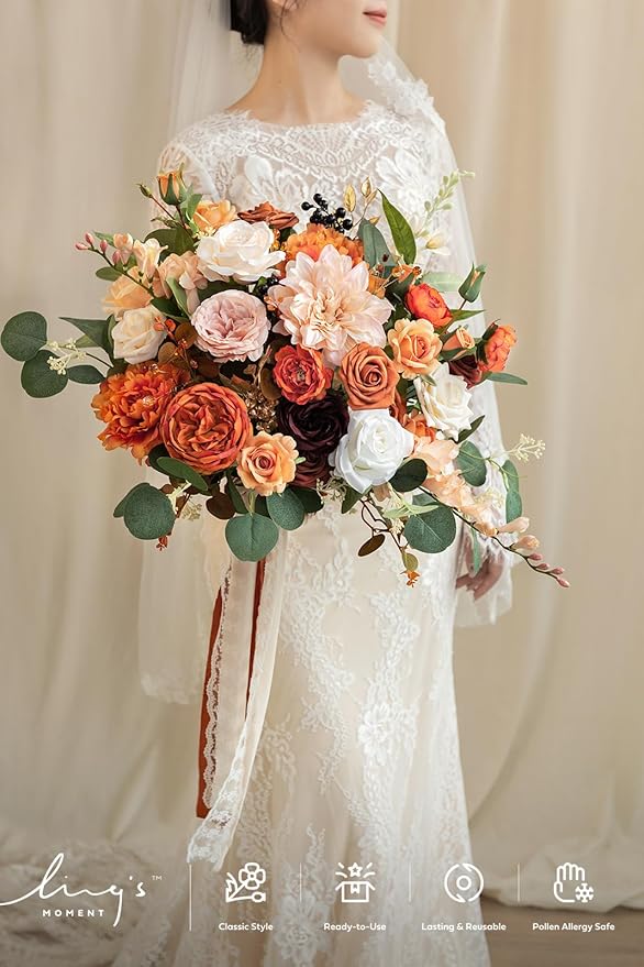 Ling's moment Terracotta Wedding Bouquets for Bride, Burnt Orange Bridal Bouquets for Bride, 15 Inch Free Form Artificial Wedding Flower Bouquet