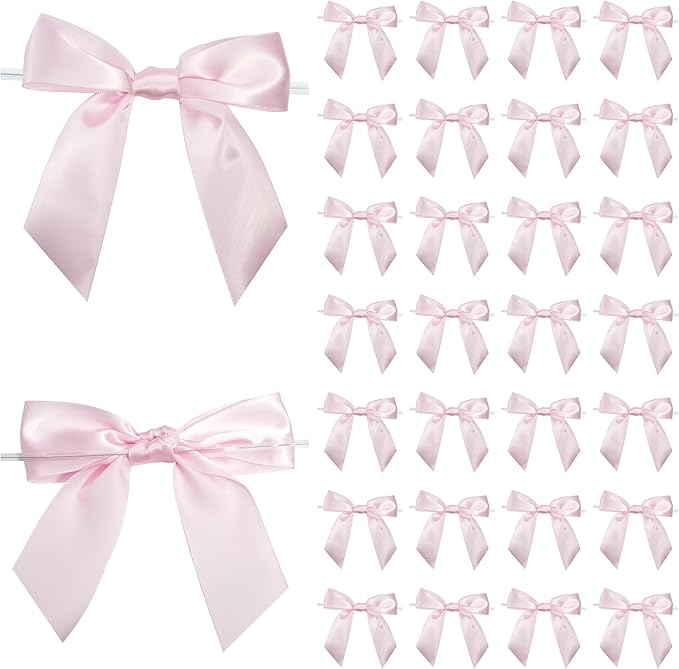 Baby Pink Satin Ribbon Twist Tie Bows 5 Inch Pre-Tied Light Pink Gift Bows for Crafts, Treat Bags, Party Favors, Wedding, Baby Shower, Candy Apple, Christmas (36 Pack)