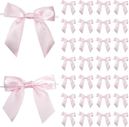 Baby Pink Satin Ribbon Twist Tie Bows 5 Inch Pre-Tied Light Pink Gift Bows for Crafts, Treat Bags, Party Favors, Wedding, Baby Shower, Candy Apple, Christmas (36 Pack)