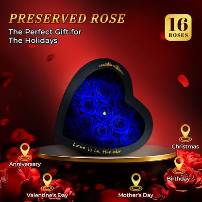 Forever Blue Roses in a Box Heart Shaped 16 Preserved Flowers for Delivery Grade A Quality 100% Real Immortal Flower Eternal Birthday for Her Mom Women Wife Girlfriends (Heart-Blue)