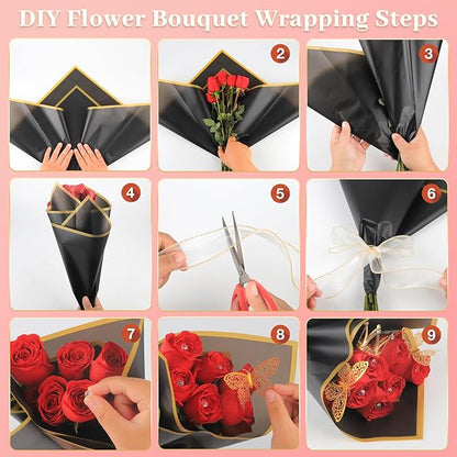 BESUPERT 52Pcs Flower Bouquet Wrapping Paper Kit, 20 Sheets Black Waterproof Floral Wrapping Paper, 1 Letter 1 Rhinestone Sticker, 12 Gold 12 Pink Butterflies, 5 Cards, 1 Black Ribbon (Gold Edge)