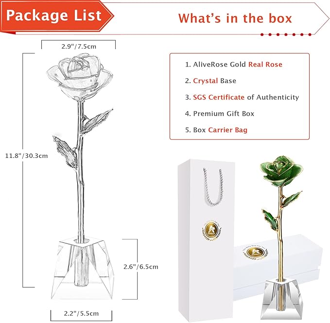 AliveRose 24k Gold Rose, Long Stem Rose Made from Real Gold Rose for Anniversary Valentines Mothers Day Birthday(Mint Green with Crystal Vase)