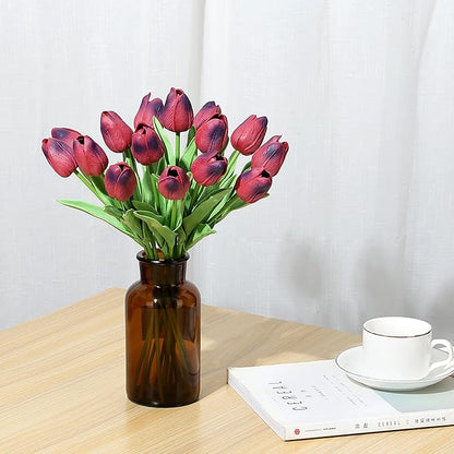 SITUMEIZI 15pcs Tulips Fake Burgundy Artificial Flowers Real Touch 14" Silk Flower for Home Decor Easter Spring Wedding Bouquet Decorations Mother's Gift Day Floral Arrangements