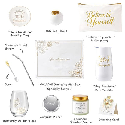 Birthday Christmas Inspirational Gifts for Women, Encouragement Gifts Basket, Stay Awesome Tumbler, Self Care Package Get Well Soon Gift for Her, Mom, Teacher, Sister, Friend, Golden Xmas Gift Ideas