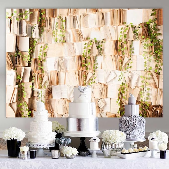 7x5FT Book Photography Backdrop Vintage Book Green Leaves Backdrop for Kids Adults Birthday Baby Shower Party Decorations Supplies KUBDJ942