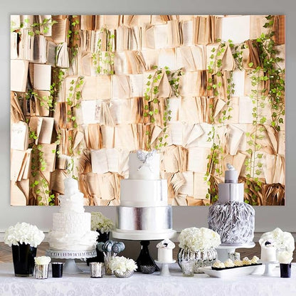 7x5FT Book Photography Backdrop Vintage Book Green Leaves Backdrop for Kids Adults Birthday Baby Shower Party Decorations Supplies KUBDJ942