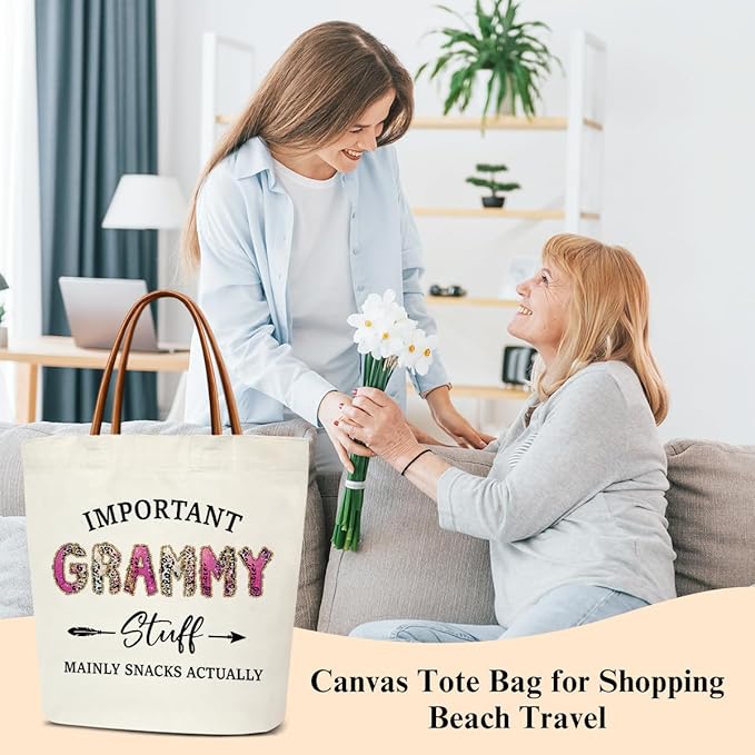 Canvas Tote Bag for Women, Important Stuff Bag with Leather Handle, Reusable Grocery Bags for Shopping Beach Travel