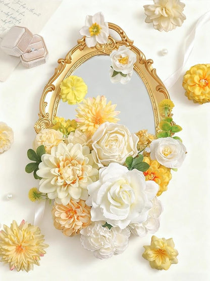 Artificial Flowers Combo Box Set White Yellow Roses Dahlia Fake Silk Flowers with Stems for DIY Wedding Bridal Bouquets,Floral Arrangement,Table Centerpieces,Baby Shower,Home Decorations
