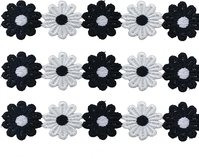 15 Yards Daisy Flower Lace Trim Embroidered Floral Lace Sewing Trim Ribbons for Embellishment Craft Dress Hair Accessories Decorations(Black/White)