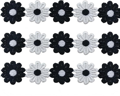 15 Yards Daisy Flower Lace Trim Embroidered Floral Lace Sewing Trim Ribbons for Embellishment Craft Dress Hair Accessories Decorations(Black/White)