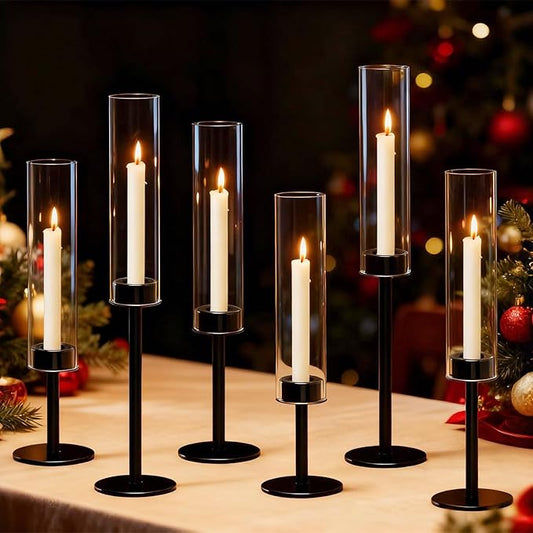 6 Black Candle Holders Set – Modern Candlestick Holders for Dining Room Decor, Candle Stick Holder Set for Weddings, Centerpieces for Tables, Gift for Home Decor, Coffee Table Candle Holder Decor