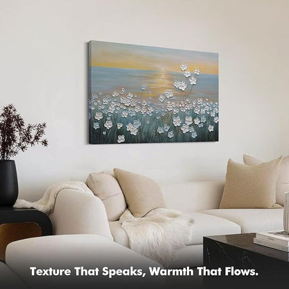 JUHOME Vintage Hand-Painted Thick Texture 3D White Flowers Abstract Oil Painting on Canvas Wall Art,Horizontal Sunset Beach Art Decor for Home Office Hall Wall Decorative,36x24