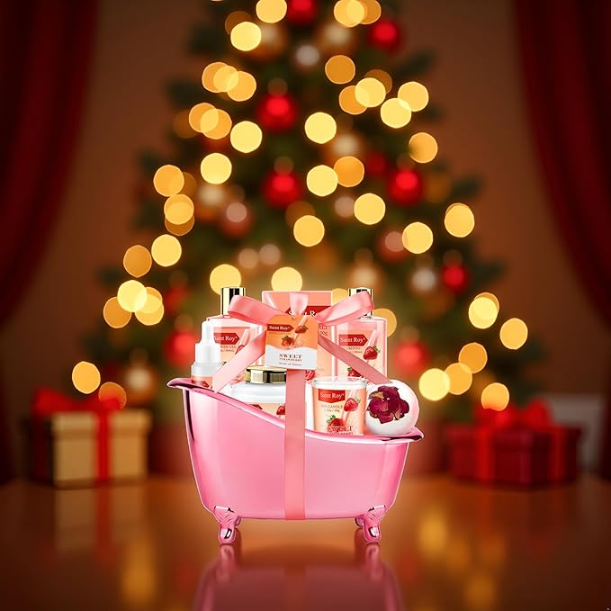 Spa Kit for Women, Bath & Body Gift Set, Luxury Home Spa Bath Gift Basket, Strawberry Scented Bath Set Christmas Gifts for Women, Pamper Gifts for Girls & Teens, Birthday Gift, Bath Self Care Gift