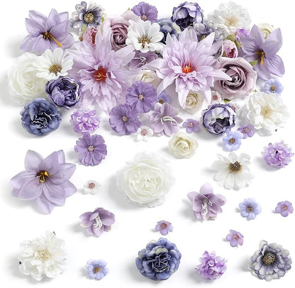 Artificial Flowers Heads Combo Purple Flowers Mix Silk Flowers Dahlia Roses for Graduation Cap DIY Cake Wedding Party Floral Arrangement Table Centerpieces Home Decorations