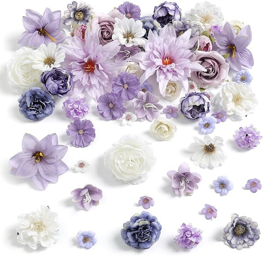 Artificial Flowers Heads Combo Purple Flowers Mix Silk Flowers Dahlia Roses for Graduation Cap DIY Cake Wedding Party Floral Arrangement Table Centerpieces Home Decorations