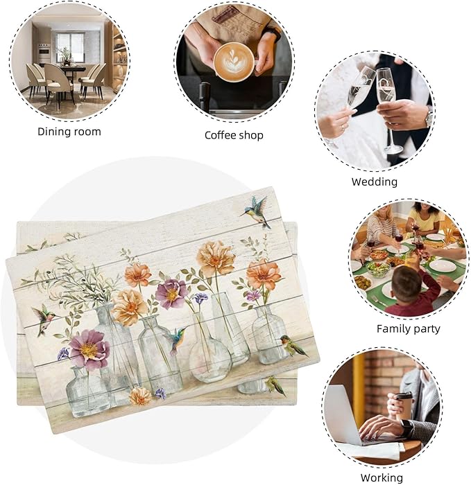 Floral Placemats Set of 6 Flower Hummingbird Table Mats Washable Place Mats for Home Party Indoor Kitchen Dining Table Decoration 12x18 Inch