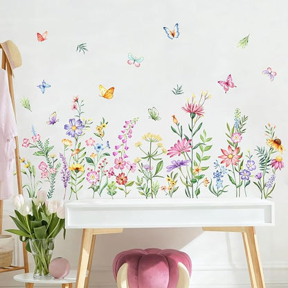 Flower Wall Decals Watercolor Wildflower Grass Butterflies Wall Stickers Peel and Stick Vinyl Decal for Girls Bedroom Living Room Home Office