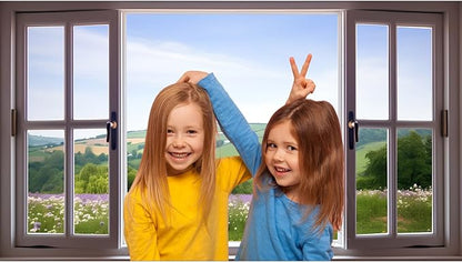 Window Scenery Photography Backdrop Open Window with View of Meadows and Fields Background Plants Flowers Background Party Banner Wall Decor Baby Kids Family Photo Shoot Props 15x8ft