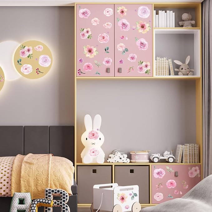Floral Wall Decals Peel and Stick | 60PCS Watercolor Peony Flower & Leaves Stickers | Removable Vinyl Wall Art for Girls Bedroom, Nursery, Living Room | Pastel Home Decor