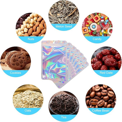 400 Pack 4 Size Bags with Clear Window,Scratch Resistant Hand Holographic Packaging Pouch,Resealable Bag for Small Bussiness Cookies Jewelry Candy Sample (Holographic, 2.4×3.9,3x4.7,4×7,5.5×7.9 inch)