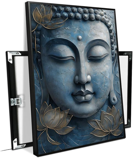 Canvas wall art Golden lotus crown Serene Buddha poster Ethereal blue toned art with delicate floral decor Zen wall art for a tranquil meditation space 24x36in Metal blackFramed