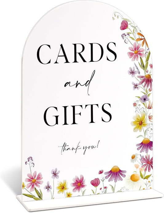 6x8" Cards and Gifts Sign for Wedding Table Decor, Wild Flower Arch Acrylic Wedding Signs for Reception, Floral Bridal Shower Engagement Party Decor for Baby In Bloom Baby Shower Decorations