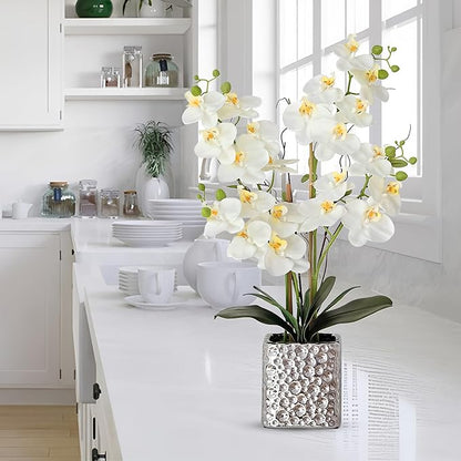 SJC Orchid Artificial Flowers with Sliver Vase Large Silk Faux Phalaenopsis Flowers for Dining Room Table Floral Centerpieces Indoor Decoration,White