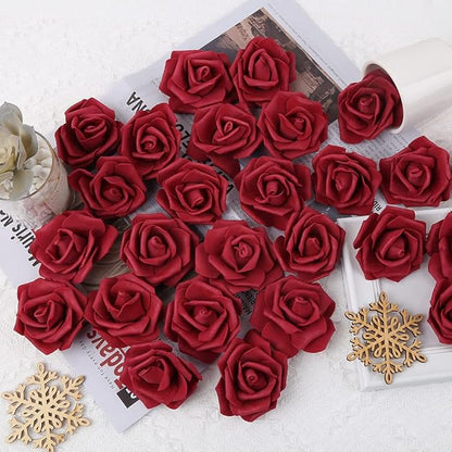 IPOPU Artificial Rose Flower Heads, 100 Pcs Real Looking Burgundy Foam Fake Roses for DIY Wedding Baby Shower Centerpieces Arrangements Party Tables Home Decorations (Wine red, Stemless)