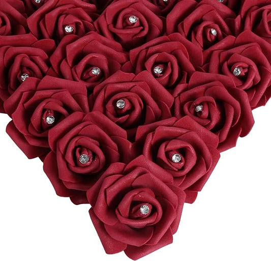 IPOPU 100PCS Burgundy Rose Artificial Flower Heads, 3in Real Looking Stemless Foam Roses Fake Flowers Bulk with Crystal for DIY Craft Wedding Bouquets Arrangements Party Home Decorations(Burgundy)