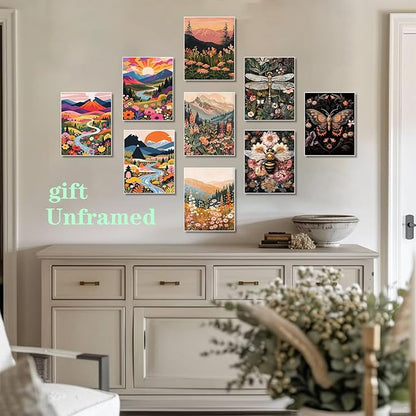 Colorful Nature Floral Wall Art Set of 3 24x16in Wood Framed, with 9 Bonus 8x10in Poster Art Prints, Boho Retro Wildflower Landscape Artwork Wall Decor for Living Room Bedroom Home Decor