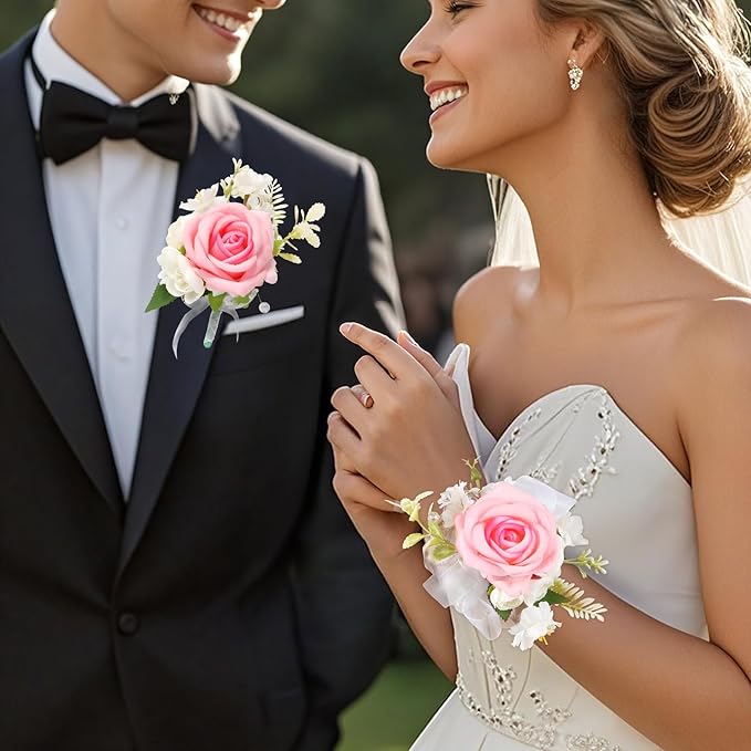 Wrist Corsage and Boutonniere Set, Artificial Rose Corsage Wristlet and Boutonniere for Wedding Prom Party (Pink, 2pcs)